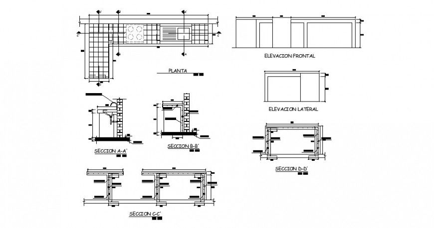 Kitchen of school elevation, section, plan and construction details dwg file