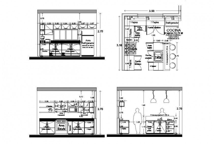 Kitchen of villa all sided section, plan with furniture and interior cad drawing details dwg file