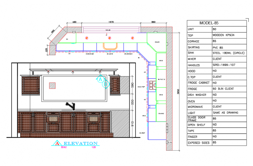 Kitchen Plan & Elevation design drawing in autocad file