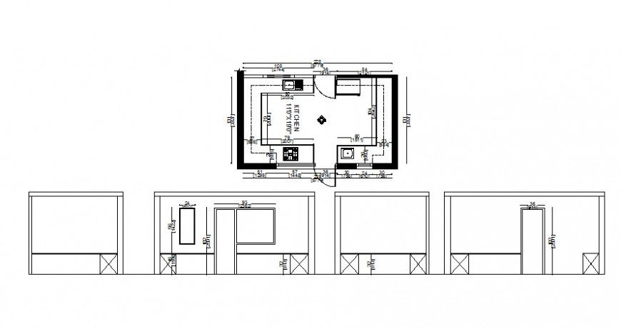Kitchen plan and different axis elevation in AutoCAD file