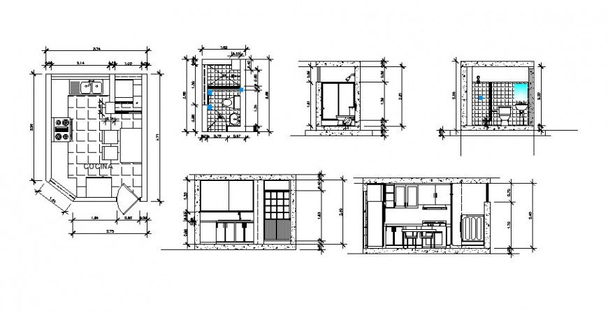 Kitchen plan and sanitary bathroom detail plan and section autocad file