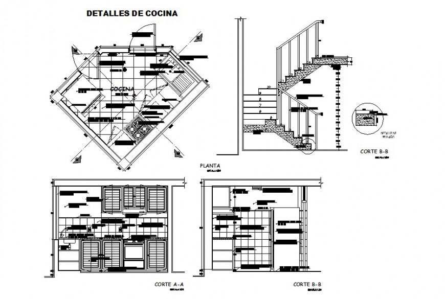 Kitchen plan and section detail and staircase structure 2d view CAD block autocad file