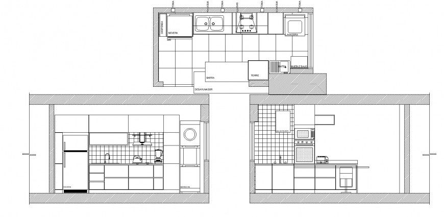Kitchen plan and sectional elevation drawing in dwg file.