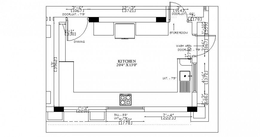 Kitchen plan with furniture layout cad drawing details dwg file