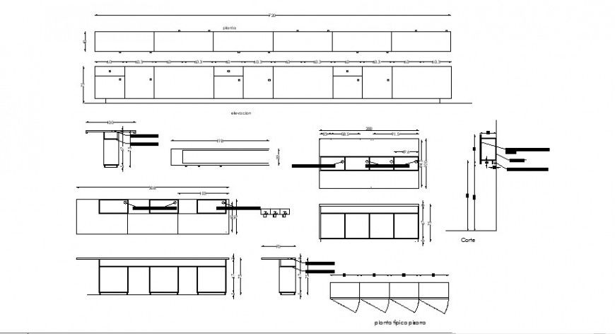 Kitchen platform and furniture units detail elevation 2d view autocad file