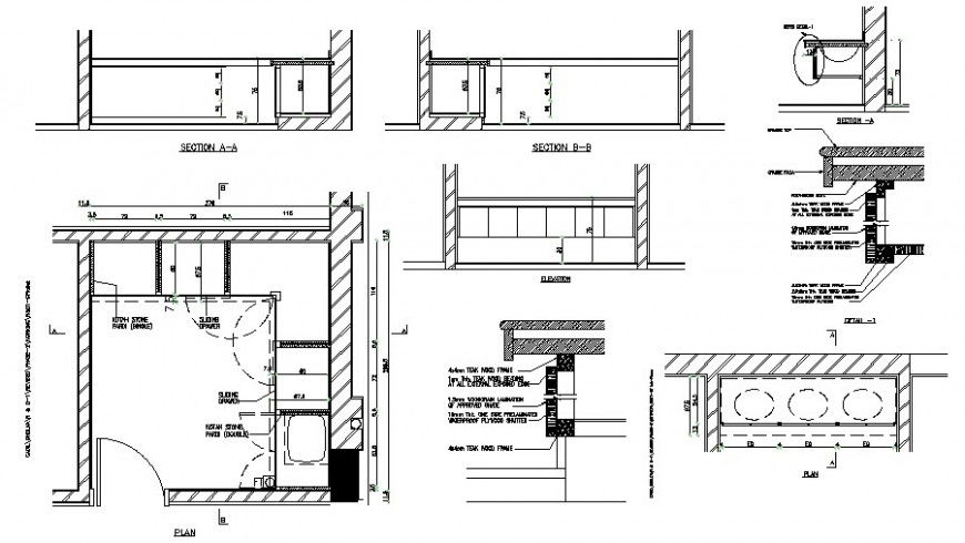 Kitchen room plan and sectional drawings details in autocad
