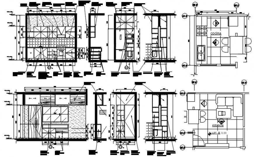 Kitchen section, plan, closet and furniture drawing details dwg file