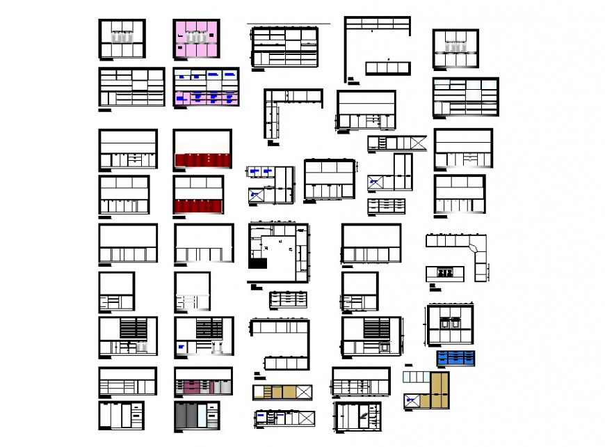Kitchen section, plan, furniture layout and interior cad drawing details dwg file