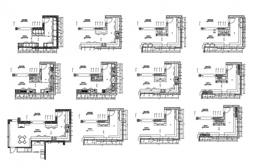 Kitchen section, plan, furniture layout details with dining area dwg file