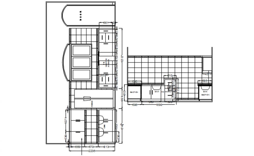 Kitchen section, plan and furniture auto-cad drawing details dwg file