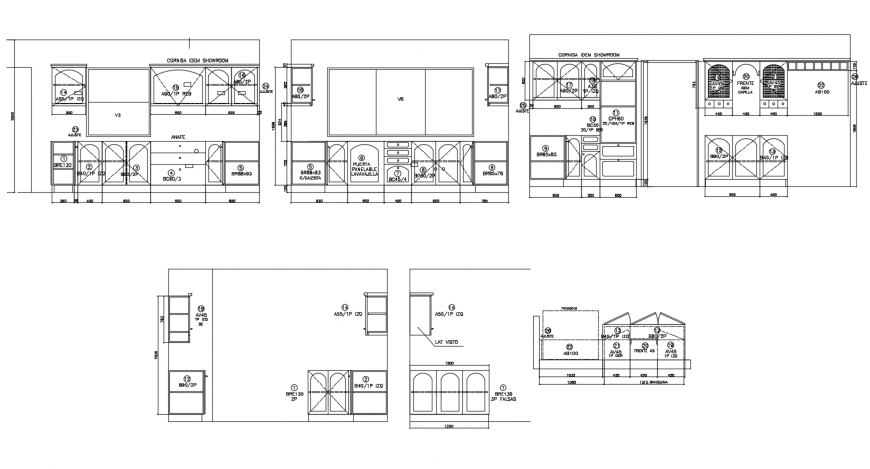 Kitchen section, plan and furniture cad drawing details dwg file