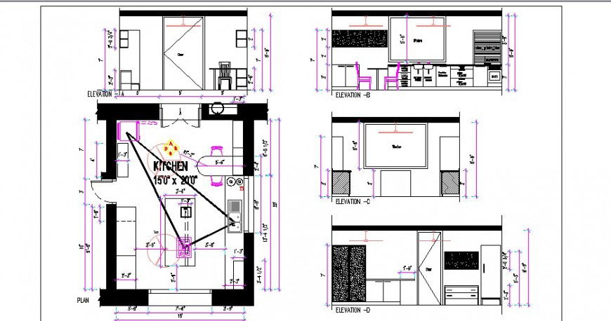 Kitchen section, plan and interior cad drawing details dwg file