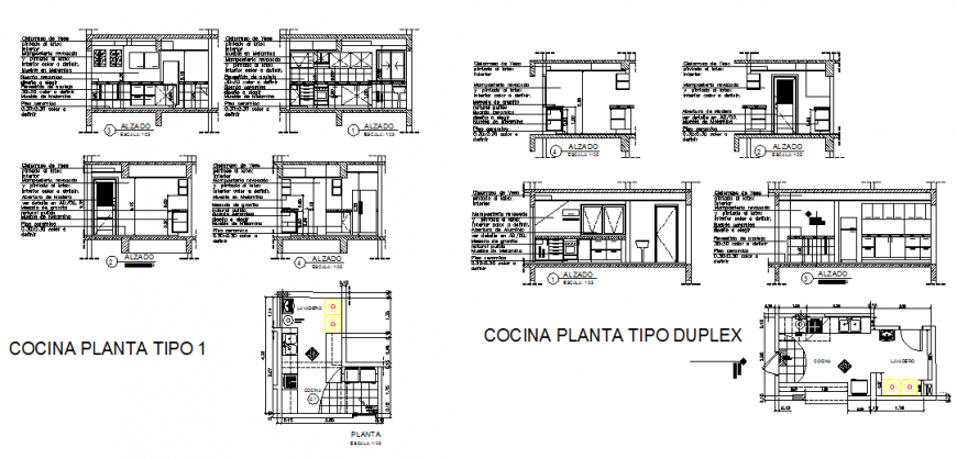 Kitchen section, plan and interior details of duplex house dwg file