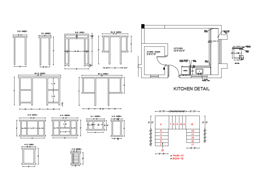 Kitchen section, stair details and door and window schedule details of bungalow dwg file
