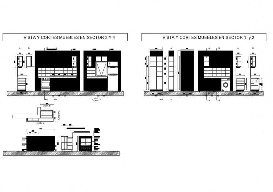 Kitchen section and furniture layout plan cad drawing details dwg file