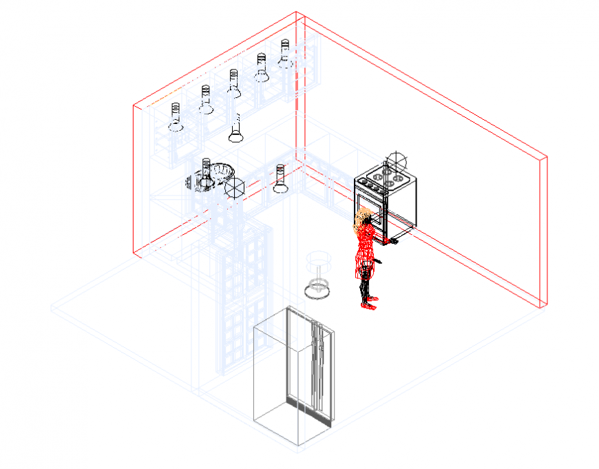 Kitchen section and interior layout top view 3d cad drawing details dwg file