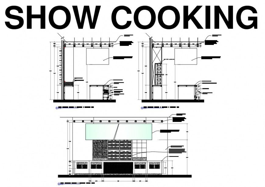 Kitchen section with furniture layout and interior details dwg file
