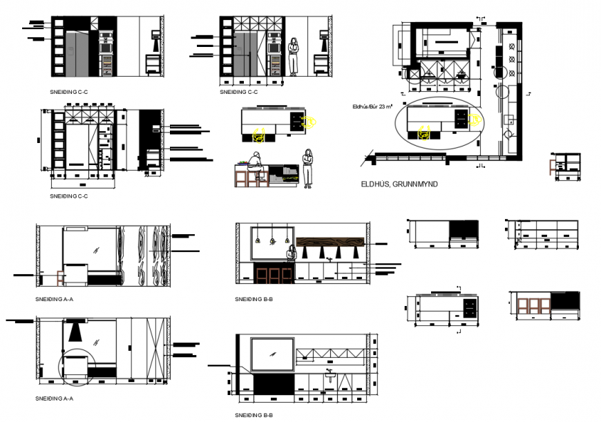 Kitchen sectional and interior cad drawing details dwg file