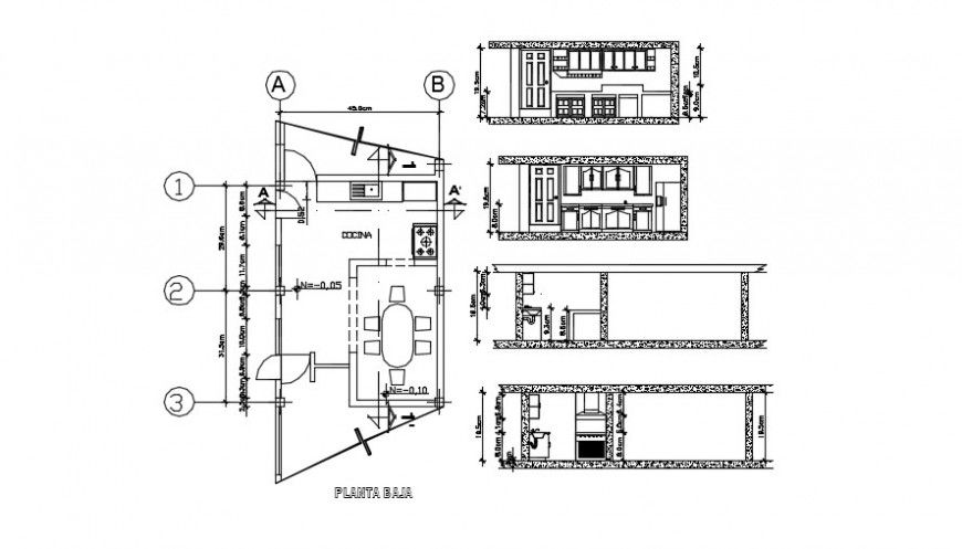 Kitchen sectional elevation and top view plan dwg file