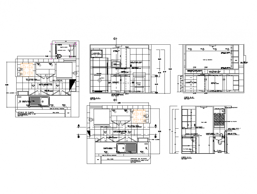 Kitchen sections and plan details with electrical legends dwg file
