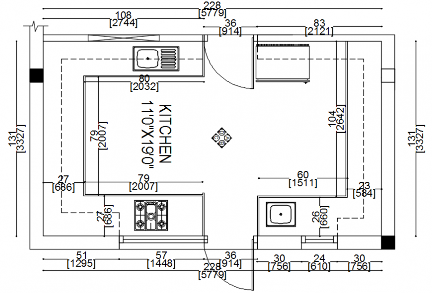 Kitchen small layout plan with dimensions cad drawing details dwg file