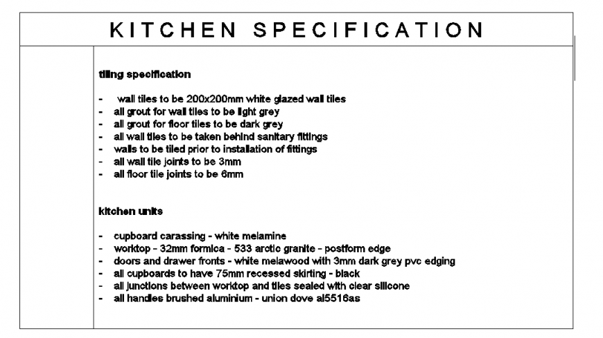 Kitchen Specification Detail in Autocad File