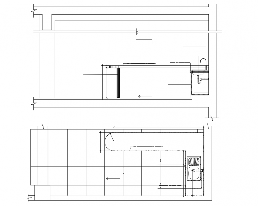 Kitchen steel sink installation and plumbing structure details dwg file