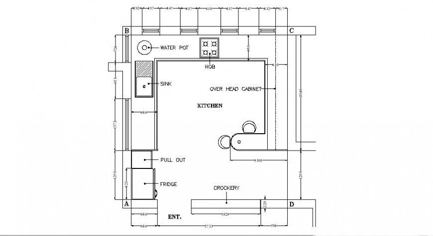 Kitchen top view architecture layout plan with furniture cad drawing details dwg file