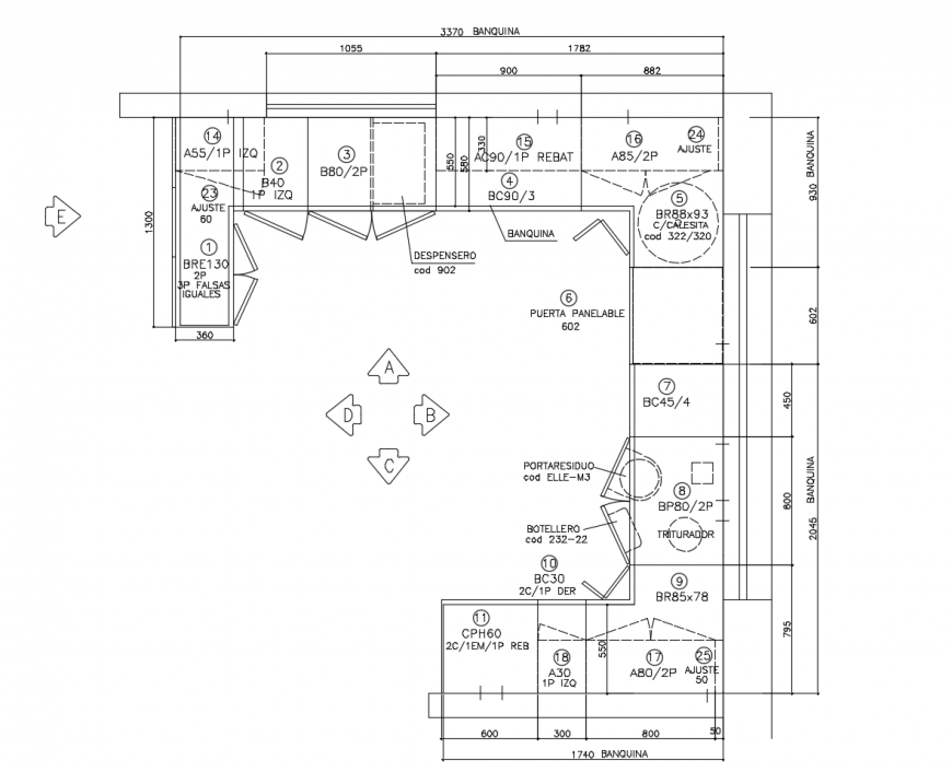 Kitchen top view layout plan with dimensions cad drawing details dwg file