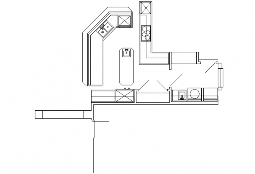 Kitchen top view layout plan with furniture and interior cad drawing details dwg file
