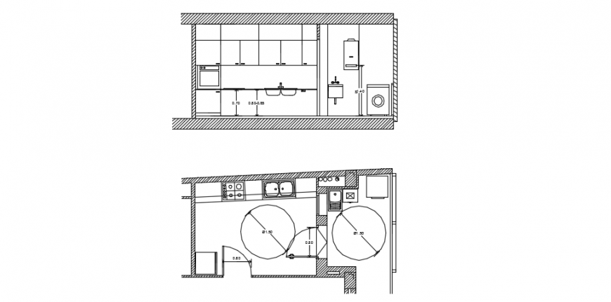 Kitchen top view plan and sectional detail