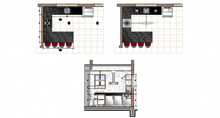 Kitchen top view plan and sectional elevation detail