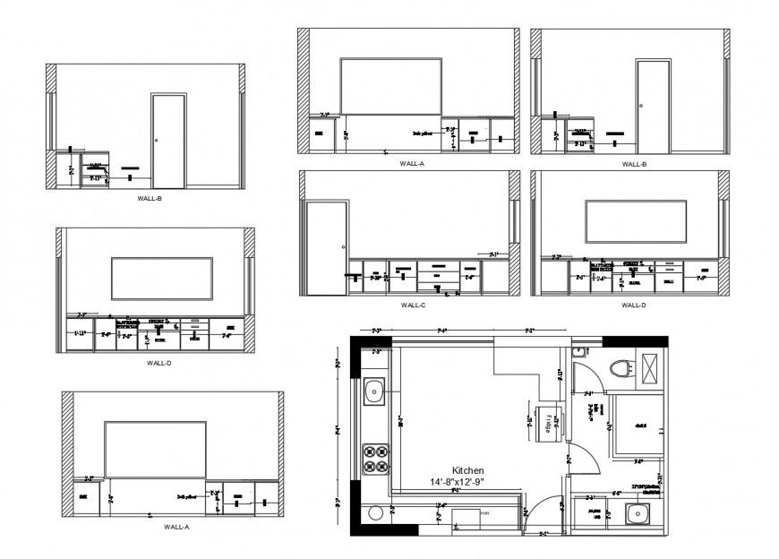 Kitchen wall section, section and layout plan cad drawing details dwg file