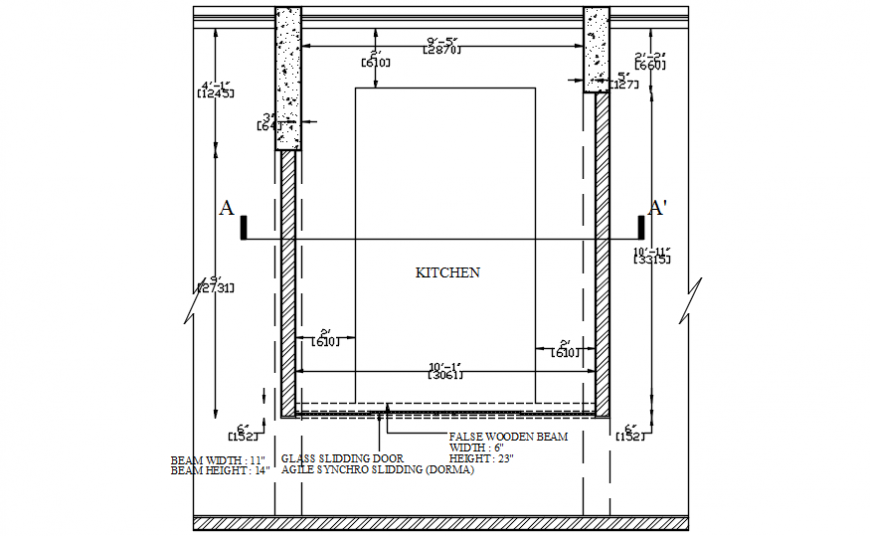 Kitchen wall section with glass and sliding door cad structure details dwg file