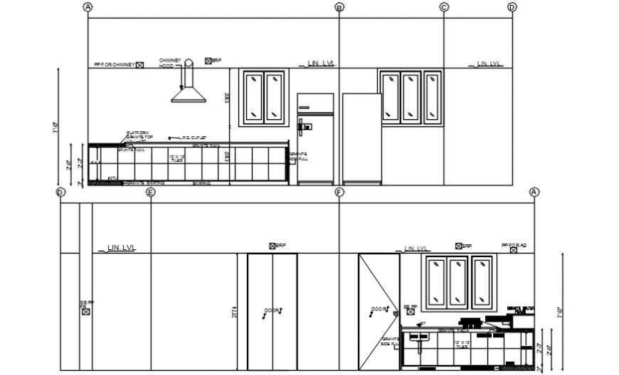 Kitchen with chimney front and back section drawing details dwg file