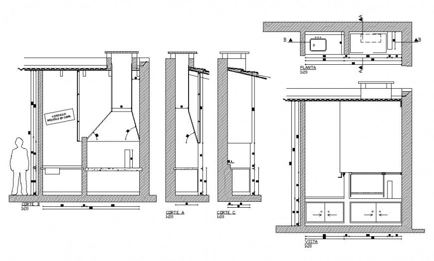Kitchen with chimney section and plan cad drawing details dwg file