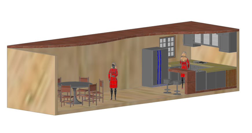 Kitchen with dining area design in 3d detail dwg file
