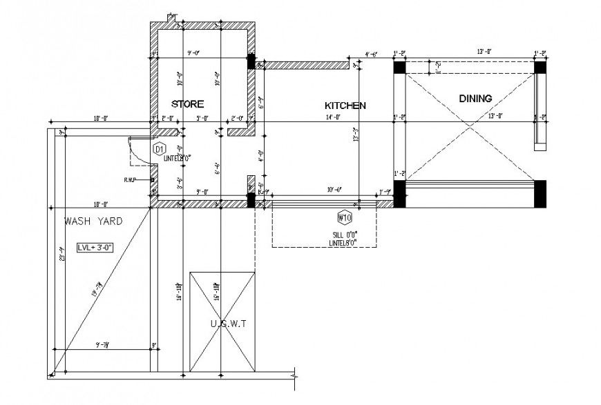 Kitchen with store and laundry top view layout plan drawing details dwg file