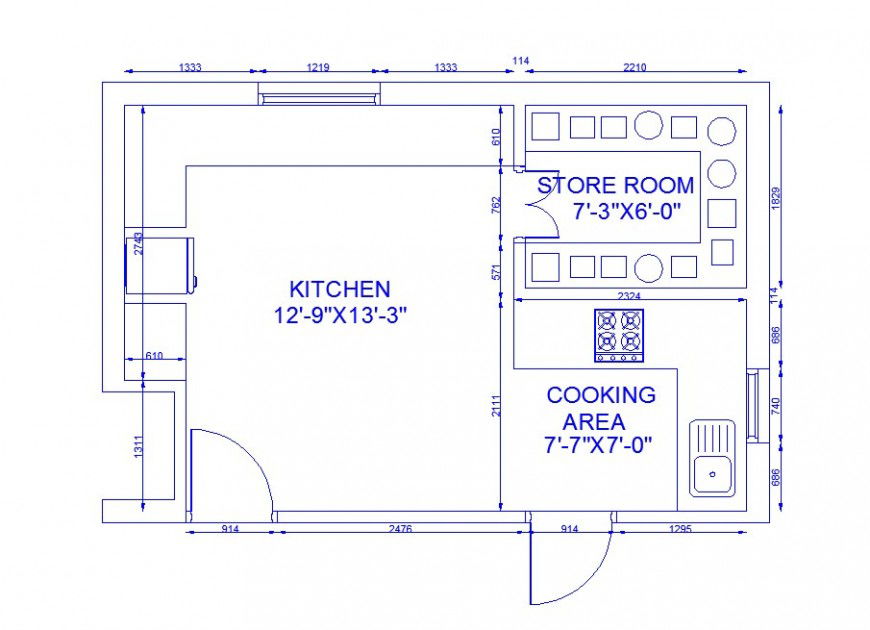 Kitchen with store room top view layout plan cad drawing details dwg file