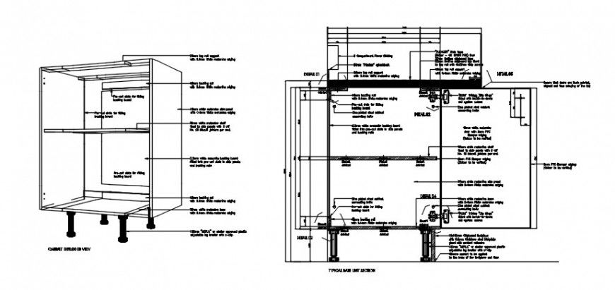 Kitchen wooden cabinet section and carpentry drawing details dwg file