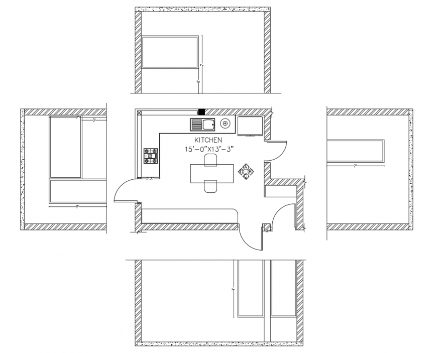 Kitchen working plan with appliances 2d view AutoCAD file