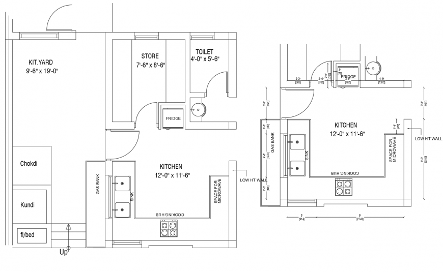 Kitchen working plan with store room area 2d view autocad file