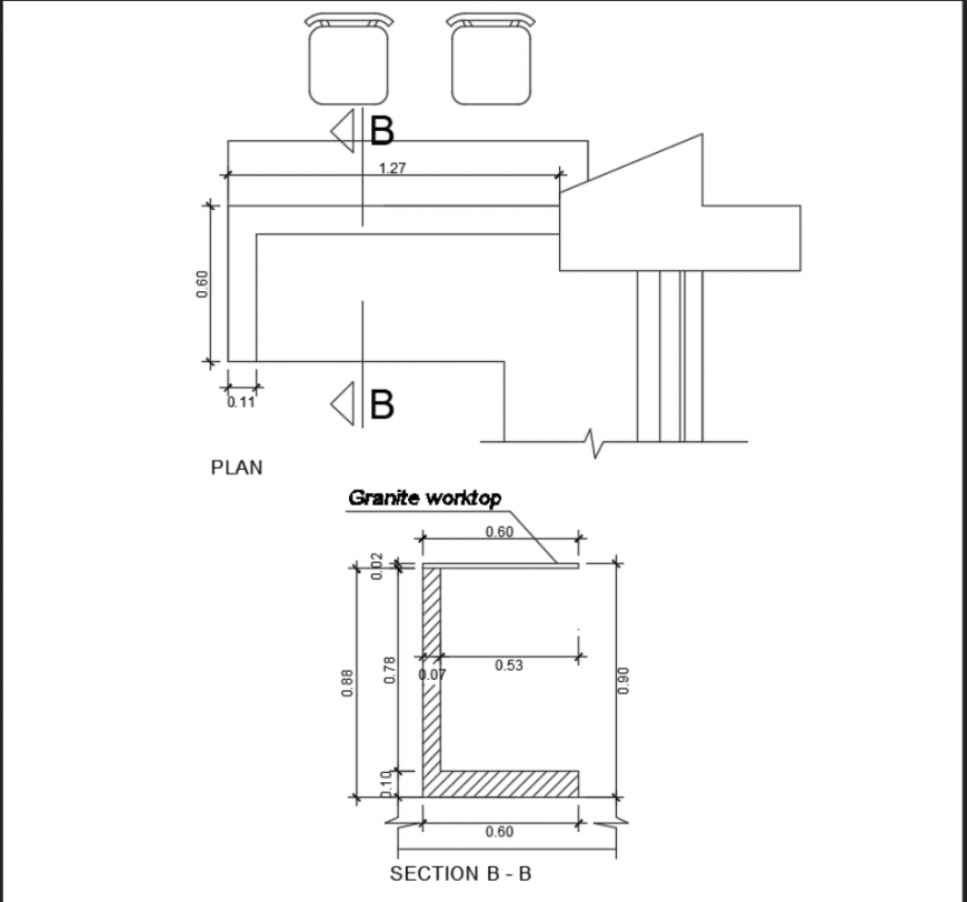 Kitchen worktop section and plan details dwg file