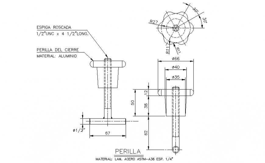 Knob section and structure details dwg file