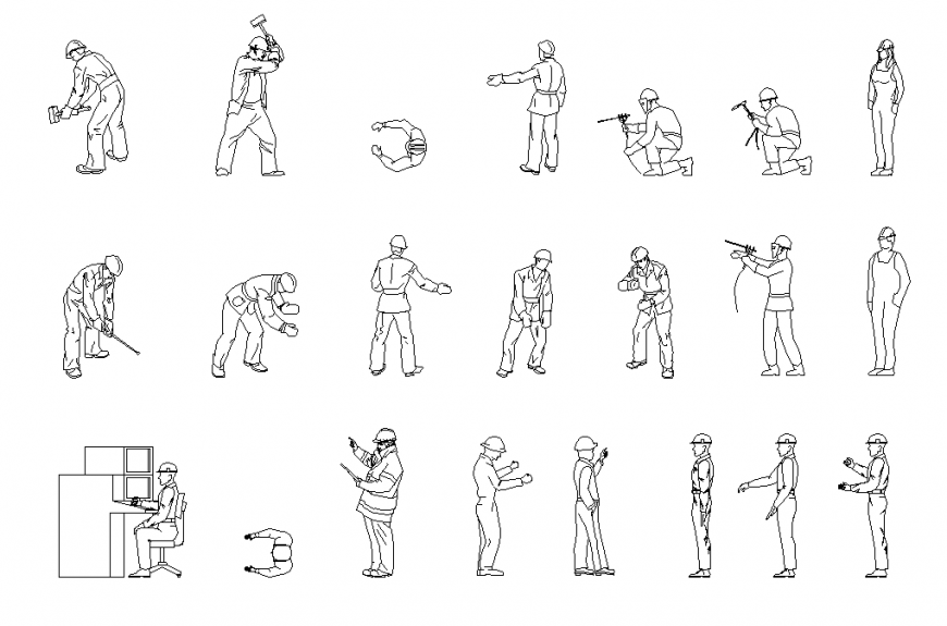 Labors and workers detail elevation 2d view layout autocad file