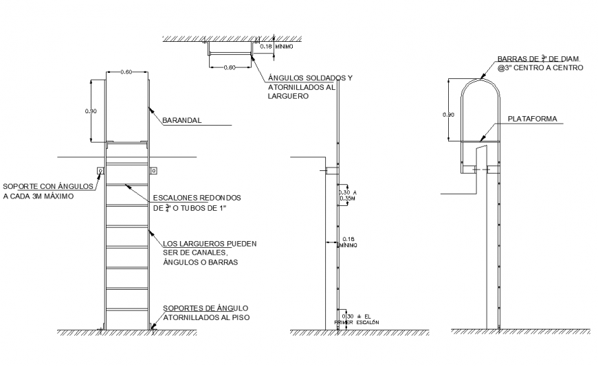 Ladder structure detail elevation 2d view layout dwg file