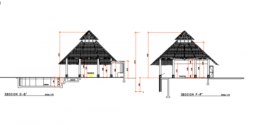 Lake side gazebo type restaurant front and back section cad drawing details dwg file