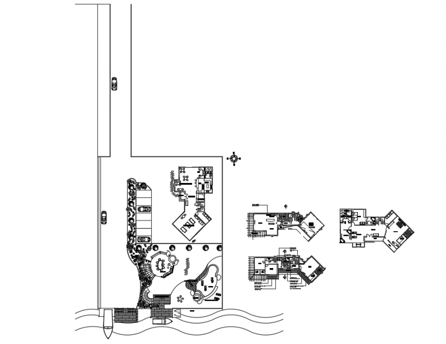 Lake side resort type hotel layout plan, landscaping and auto-cad details dwg file