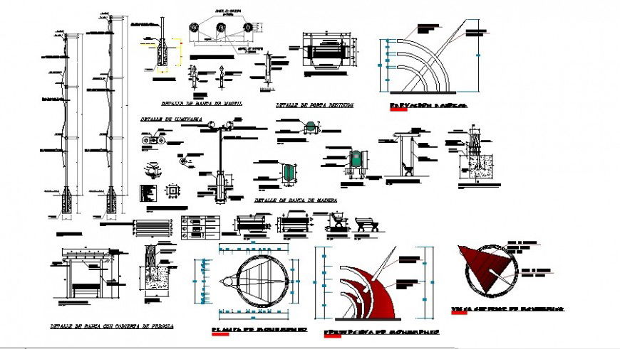 Lamp, benches and other foundation detail of park in auto cad