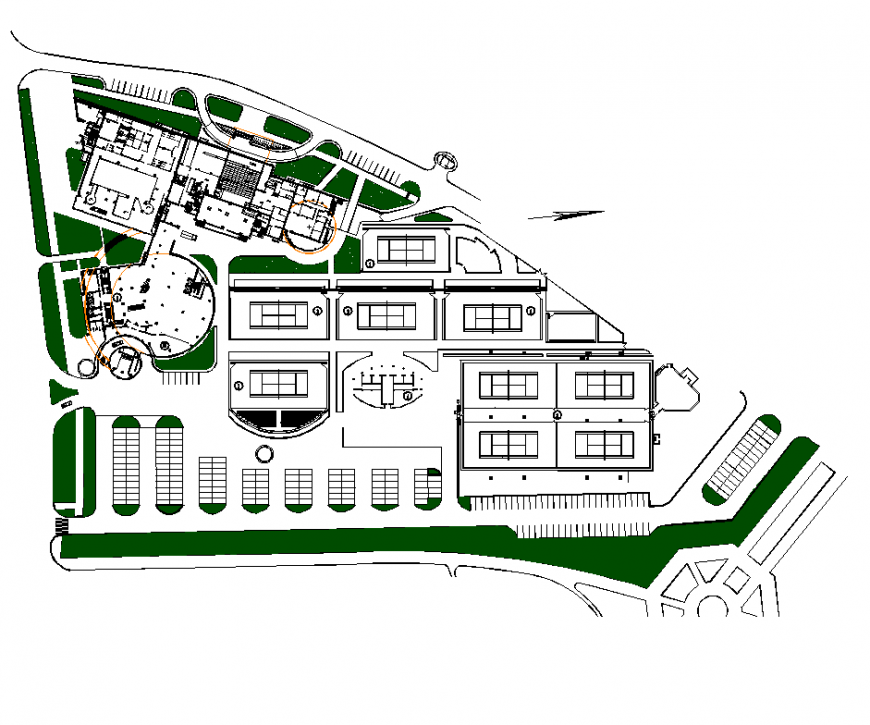 Landscape design of hotel area with architecture detail dwg file
